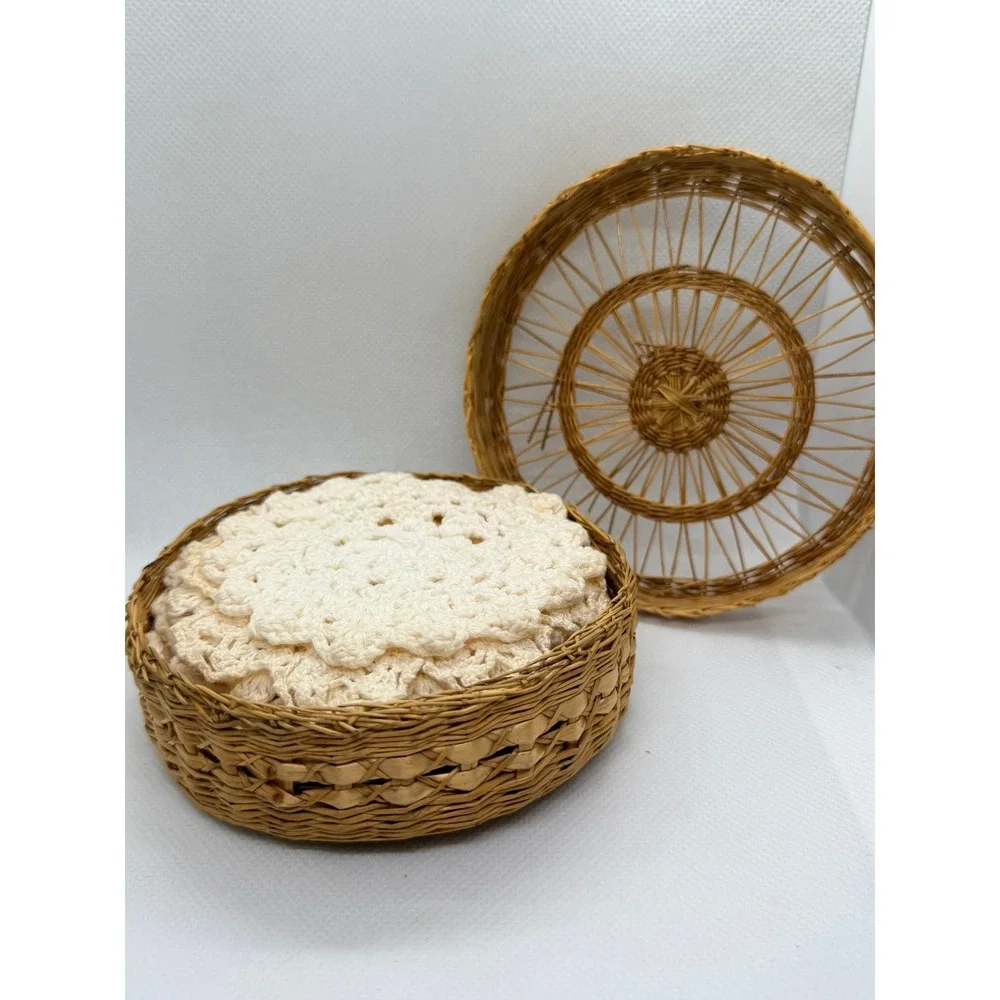 Vintage Hand Crocheted Doily Coasters Set of 9 with Woven Wicker Storage Basket